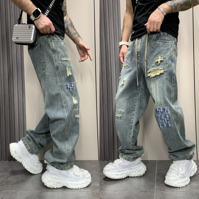 春季男款男生刮烂牛仔裤复古裤子破洞补丁老爹牛仔裤男直筒宽松