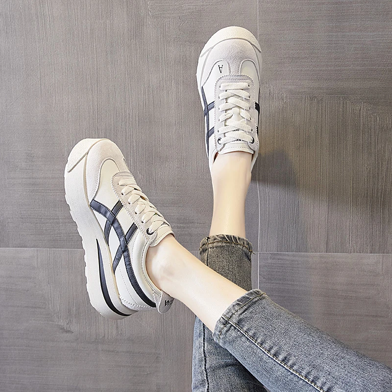 【厂家直销】牛皮老爹鞋女内增高小白鞋百搭运动休闲板鞋厚底松糕鞋