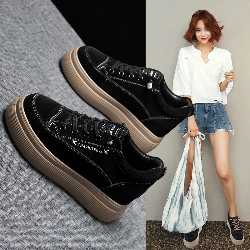 【厂家直销】内增高女鞋春秋厚底增高小黑鞋爆款松糕时尚百搭休闲鞋