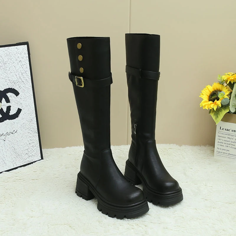 C23-1【二棉】不过膝厚底长靴女瘦瘦靴高筒骑士靴