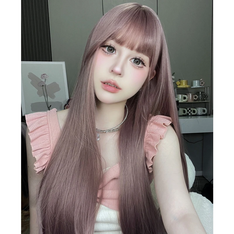椰子专属-网红时尚薄腾粉色假发女长发日系直发日常主播假发服帖