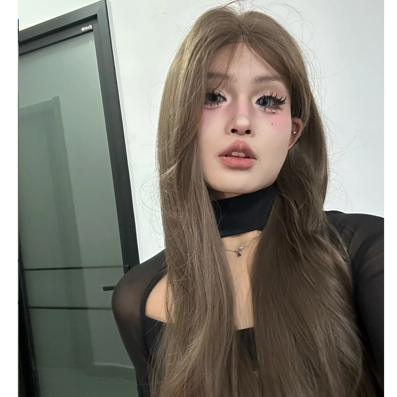 土豆专属-榛果灰棕色假发女小额蕾丝长卷发发中分日常全头套