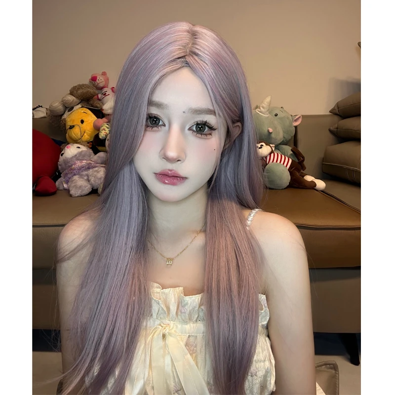 许愿专属-假发中分直发长发女生可爱甜美个性街拍假毛透气粉紫色
