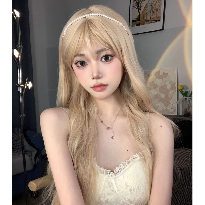 橙汁专属-欧美INS女团亚麻金假发女长卷发甜美仙女齐刘海假发网红