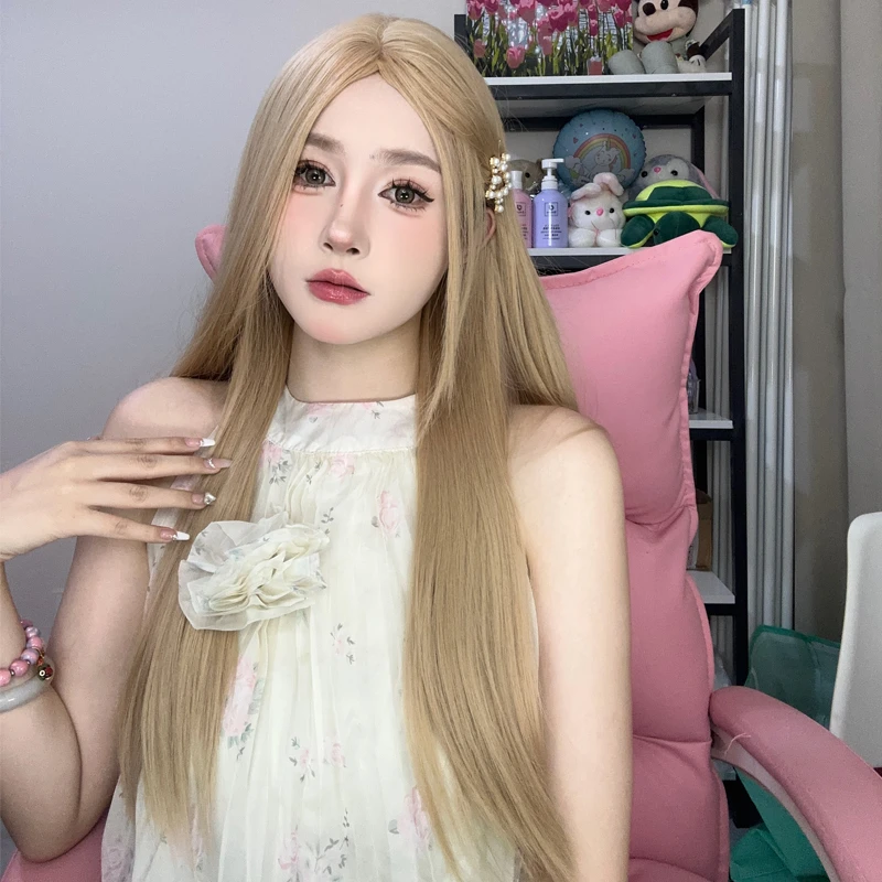 许愿专属-假发女长发女团rose同款奶茶白金中分长直发仿真jk头套
