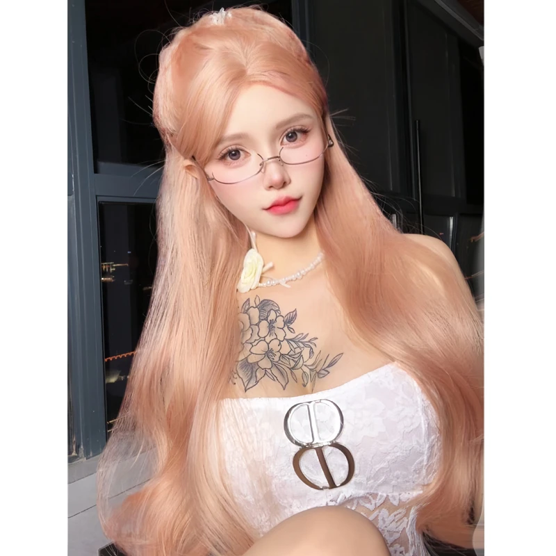 粉灰色假发女小额蕾丝长卷发中分百搭日常全头套-