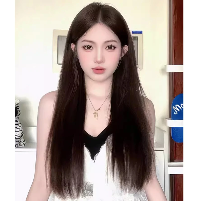 日常小额蕾丝假发女黑长直发黑色中分假发长发头套全头套-芙芙