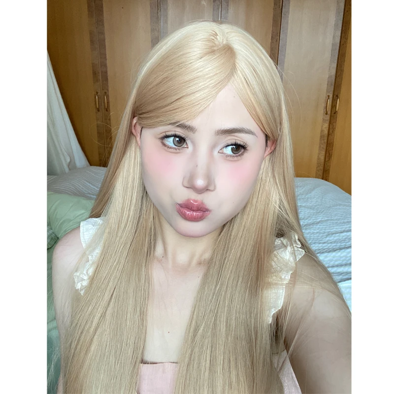 念念专属-假发女长发JK女团rose同款奶茶白金中分长直发仿真清爽