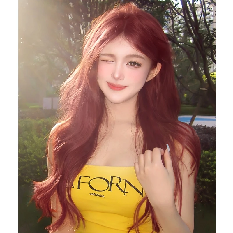 芙芙专属-假发女小额人鱼玫瑰红复古长卷发中分百搭日常全头套