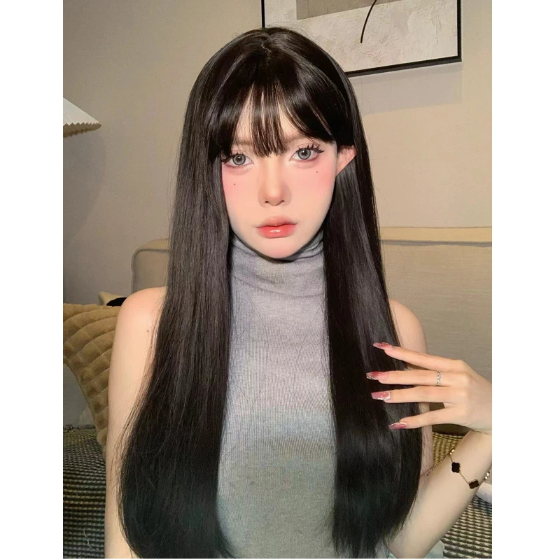 小狮紫郭郭专属-假发女长直发锁骨发空气刘海蓬松圆脸可爱黑茶