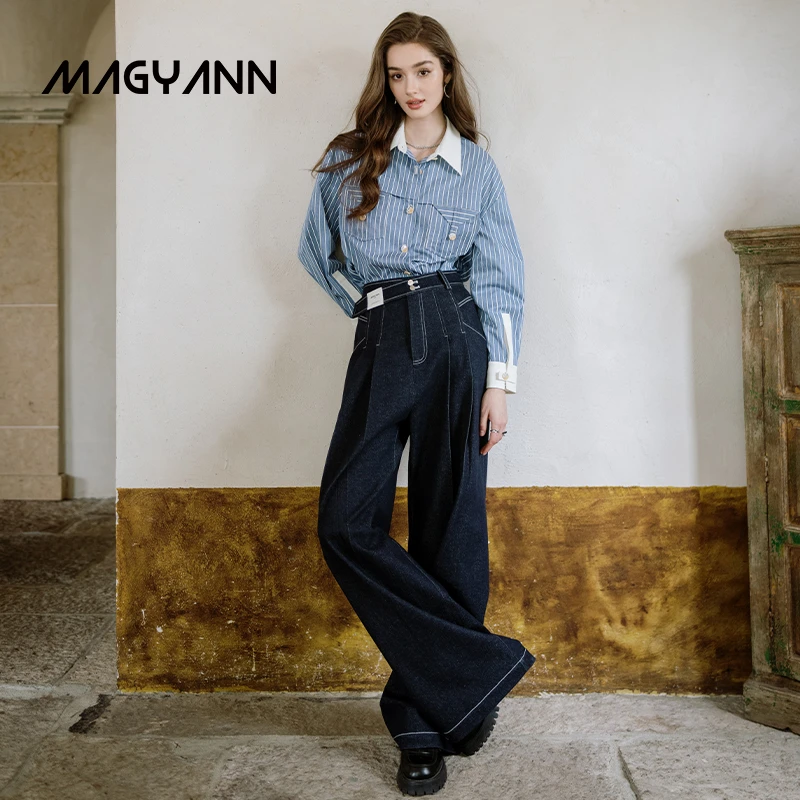 Magyann/昧宴【悠扬步调】可调节压线阔腿裤-牛仔蓝