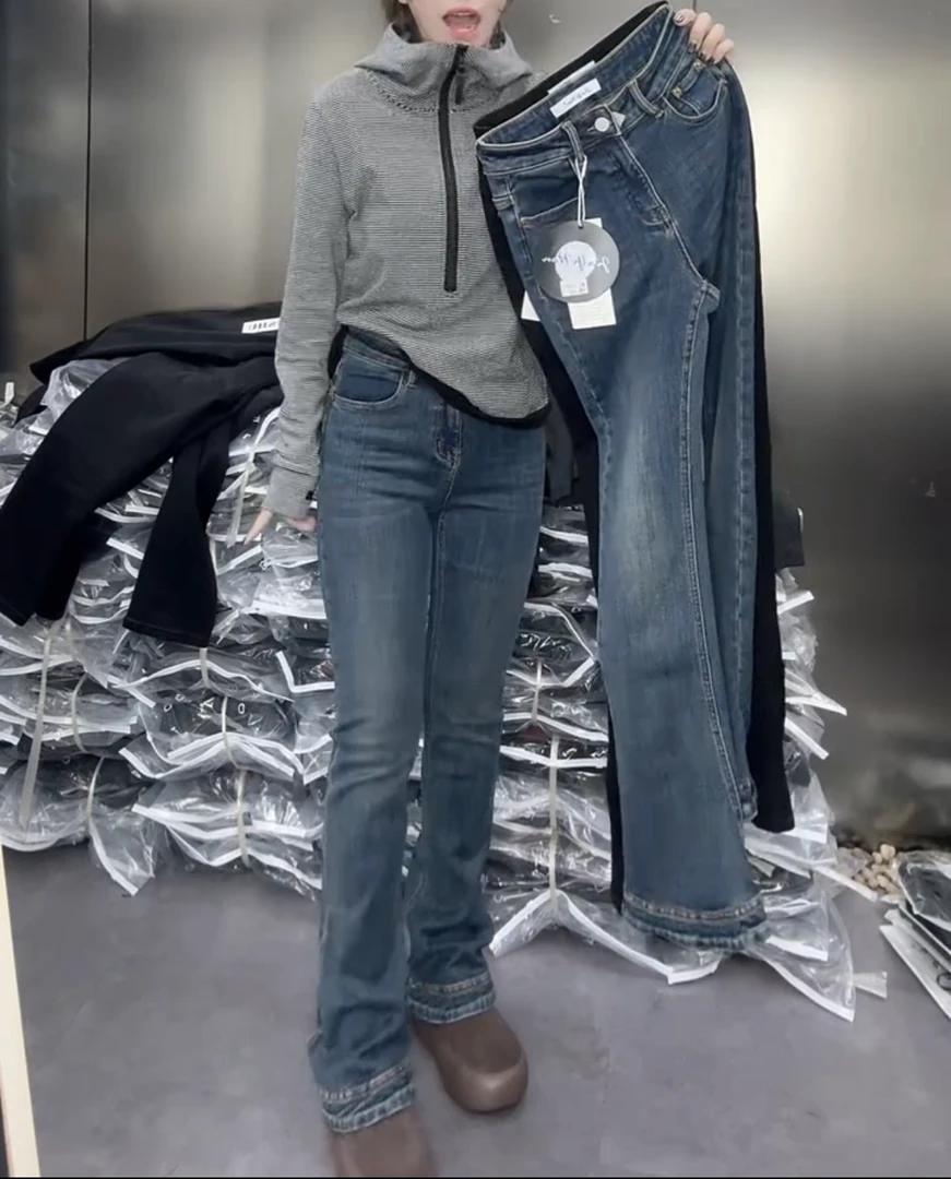 冬季新款加绒加厚显瘦大长腿开叉马蹄裤直筒牛仔裤 裤长102左右