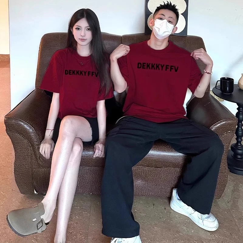 酒红色短袖男女同款欧货大版t恤洋气2025新款情侣装正肩纯棉上衣