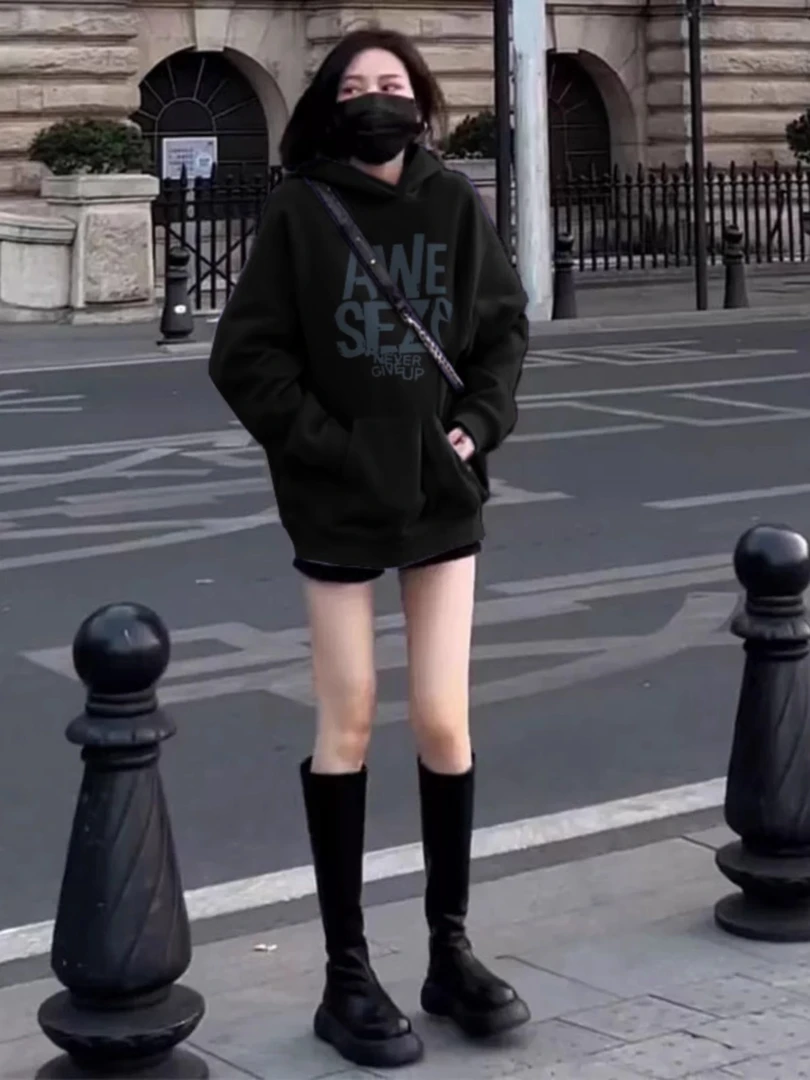 秋季黑色连帽即墨卫衣女春秋款秋冬加绒加厚2023新款长遮屁股装