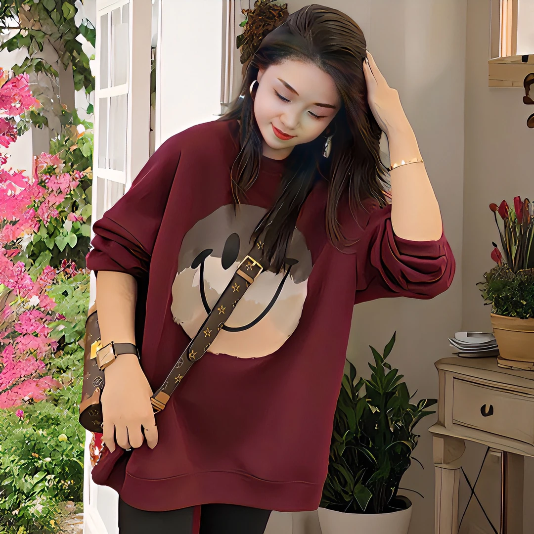 韩版加绒笑脸字母印花长袖卫衣女秋季百搭洋气宽松显瘦套头上衣潮