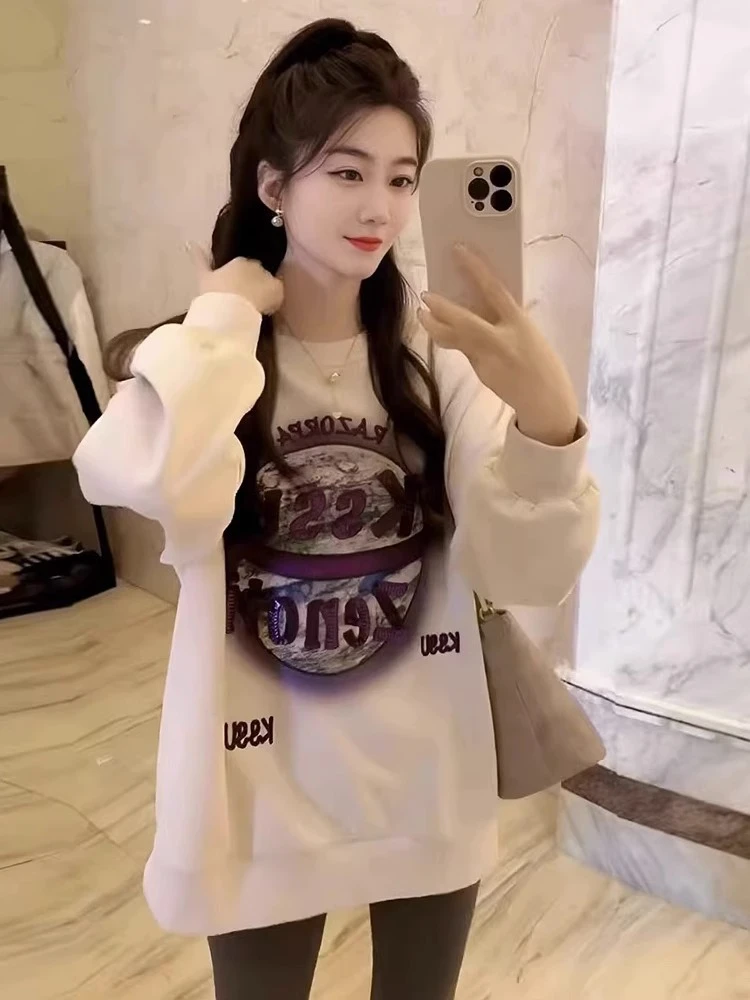 美式中长款印花圆领卫衣女春秋款2025新款爆款宽松慵懒风长袖上衣