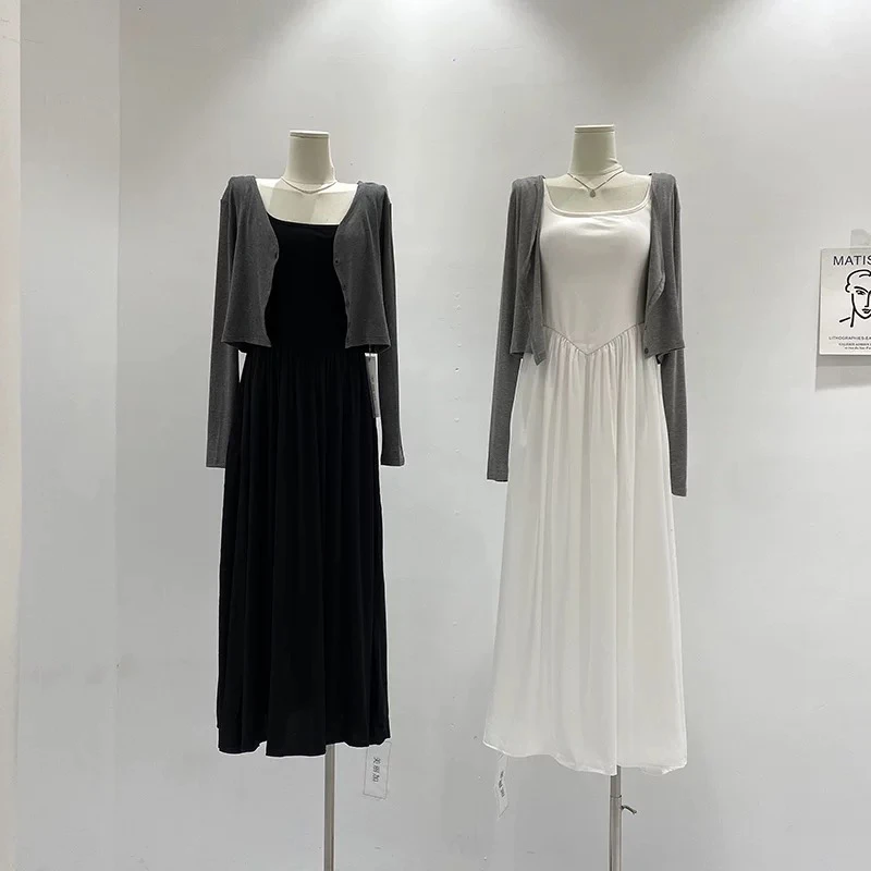 【小个子定制】秋季韩版休闲气质长袖短款开衫+背心连衣裙两件套