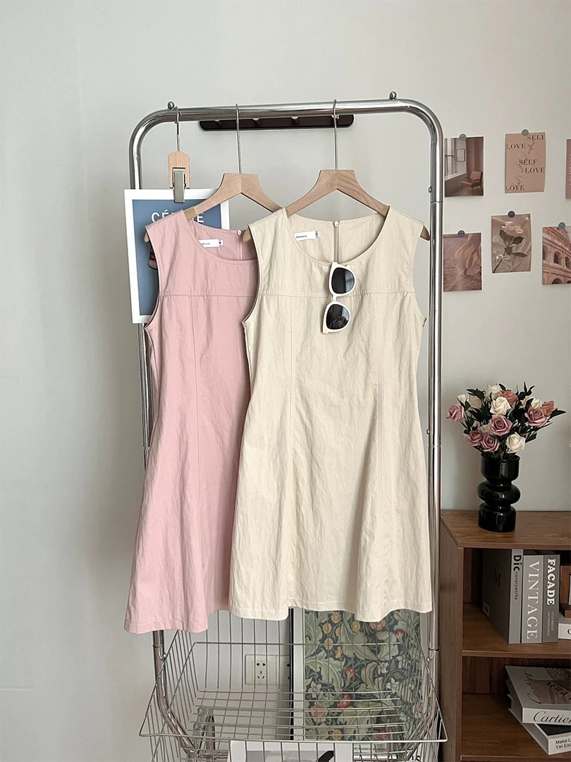 韩系简约无袖连衣裙小个子圆领宽松显瘦休闲A字短裙