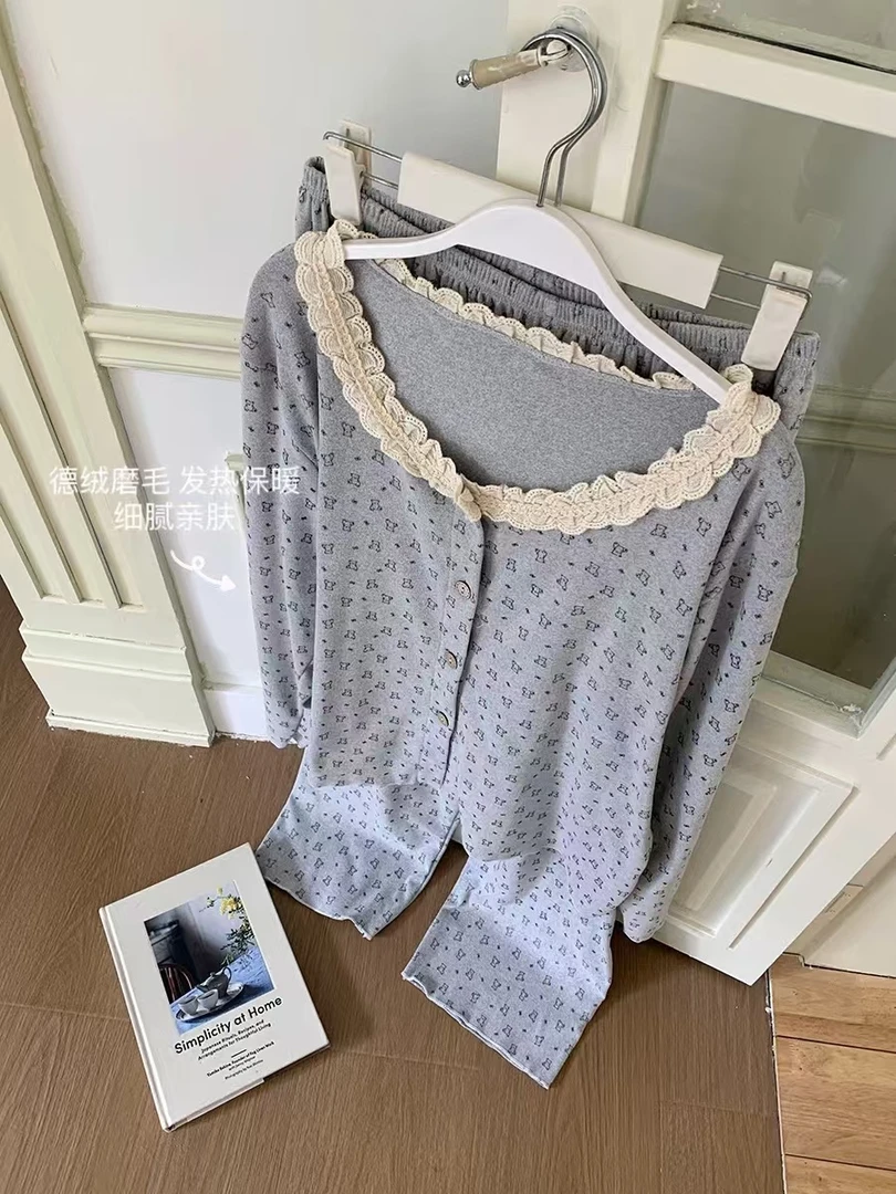 【小个子睡衣】春秋德绒甜美蕾丝花边两件套减龄长袖睡衣套装家居服