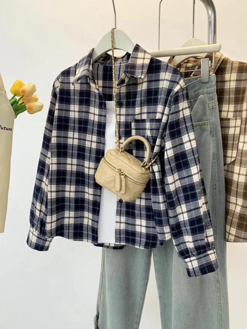 【小个子衬衣】秋季格子衬衣女韩版简约开衫外套百搭休闲长袖衬衫