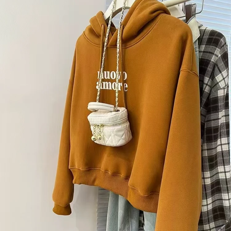 【小个子定制】秋冬加绒简约慵懒风外套圆领字母假连帽卫衣