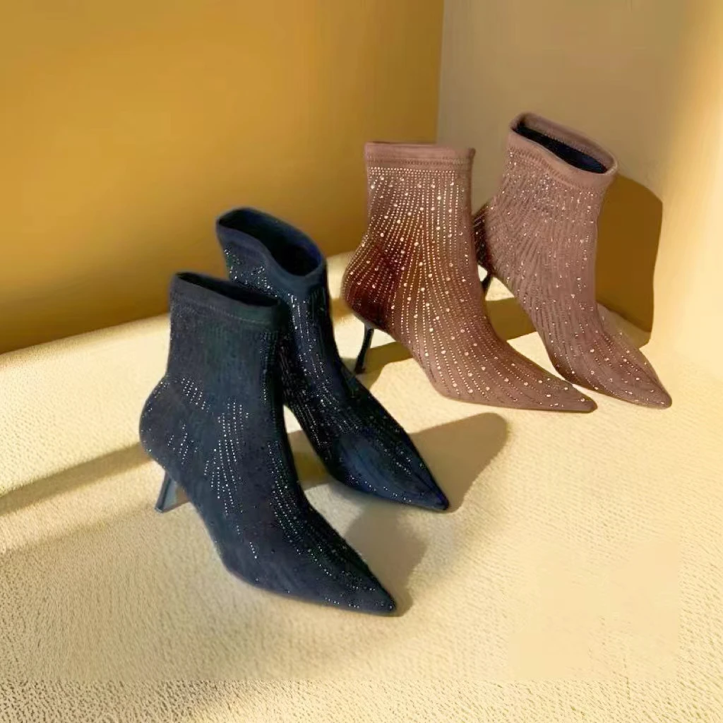 专柜正品26V670弹力袜靴秋冬法式尖头气质名媛亮钻弹力瘦瘦短靴