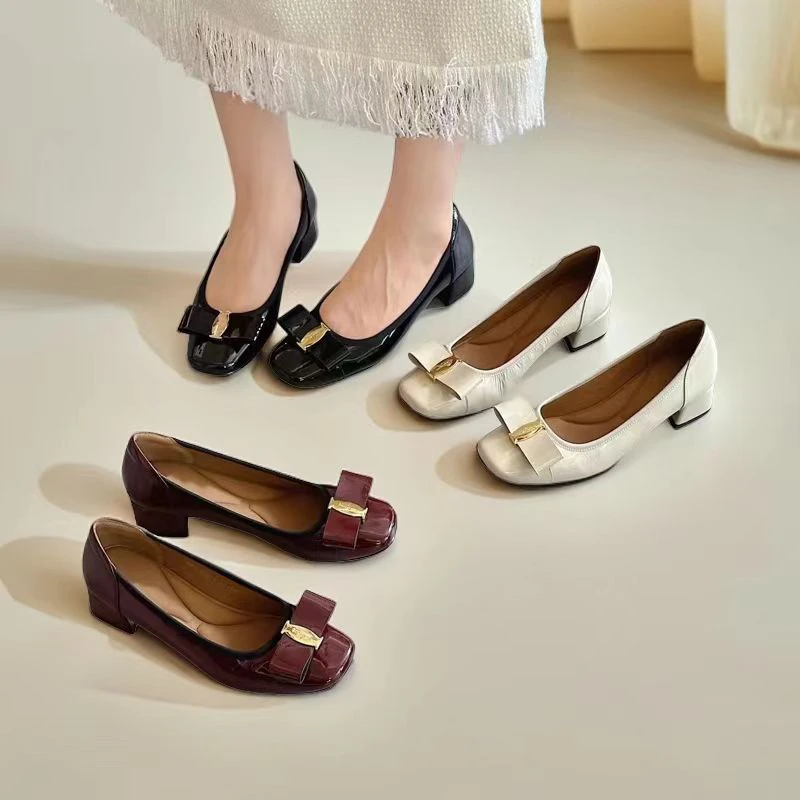 专柜正品头层牛皮3厘米方跟简约舒适百搭软底软面通勤单鞋188366