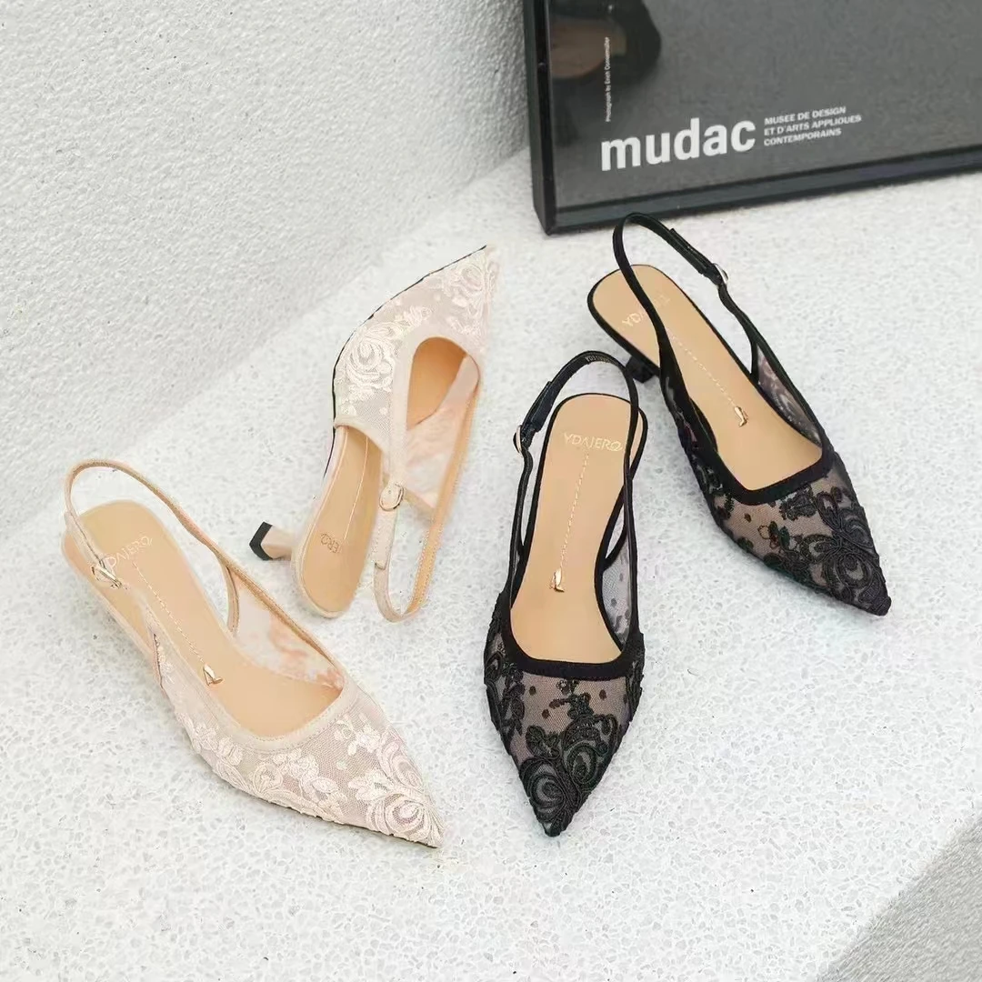 专柜正品310527新款包头蕾丝凉鞋透气网纱法式高跟鞋女细跟尖头