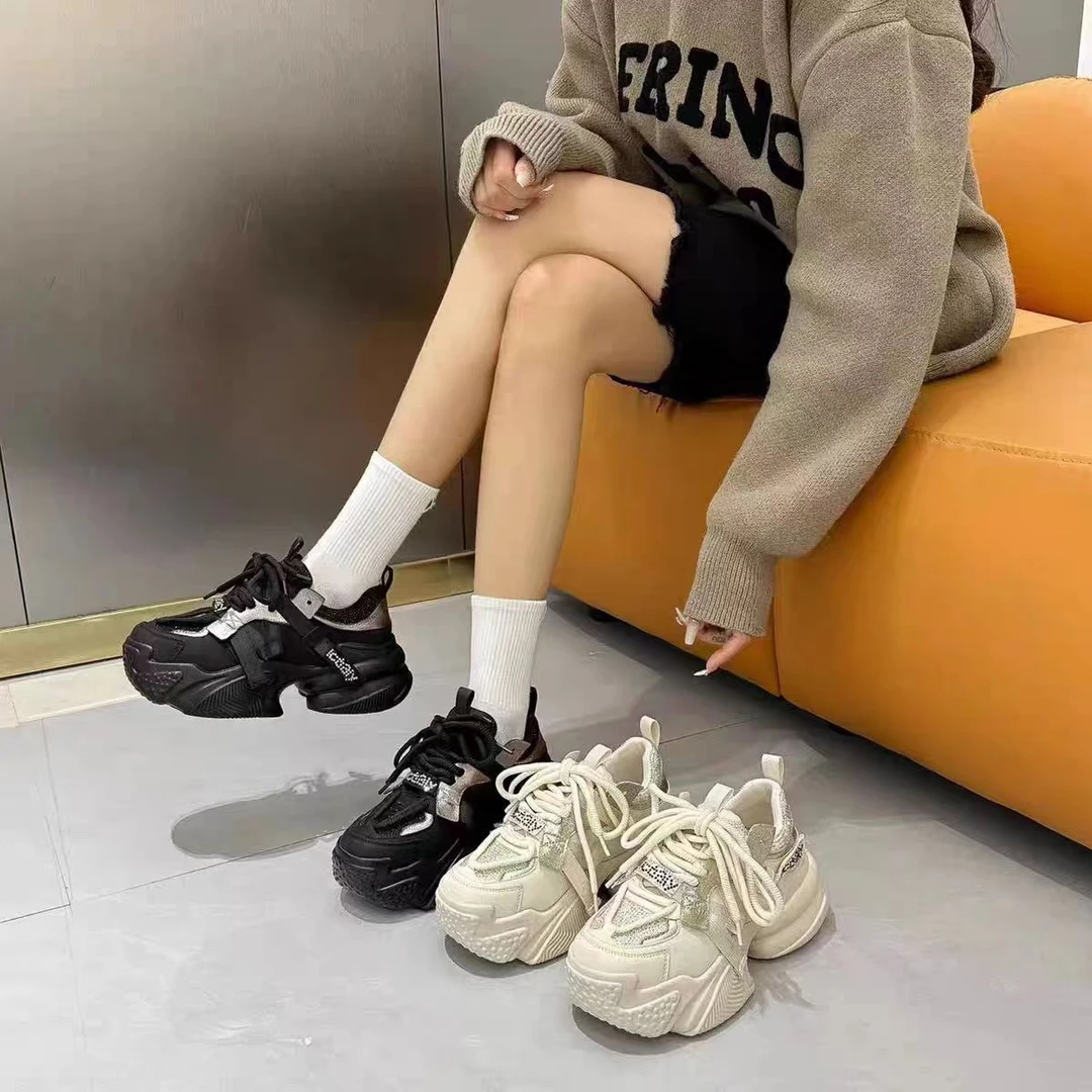 专柜正品912-1新款时尚轻便厚底增高米色真皮休闲鞋老爹鞋女潮