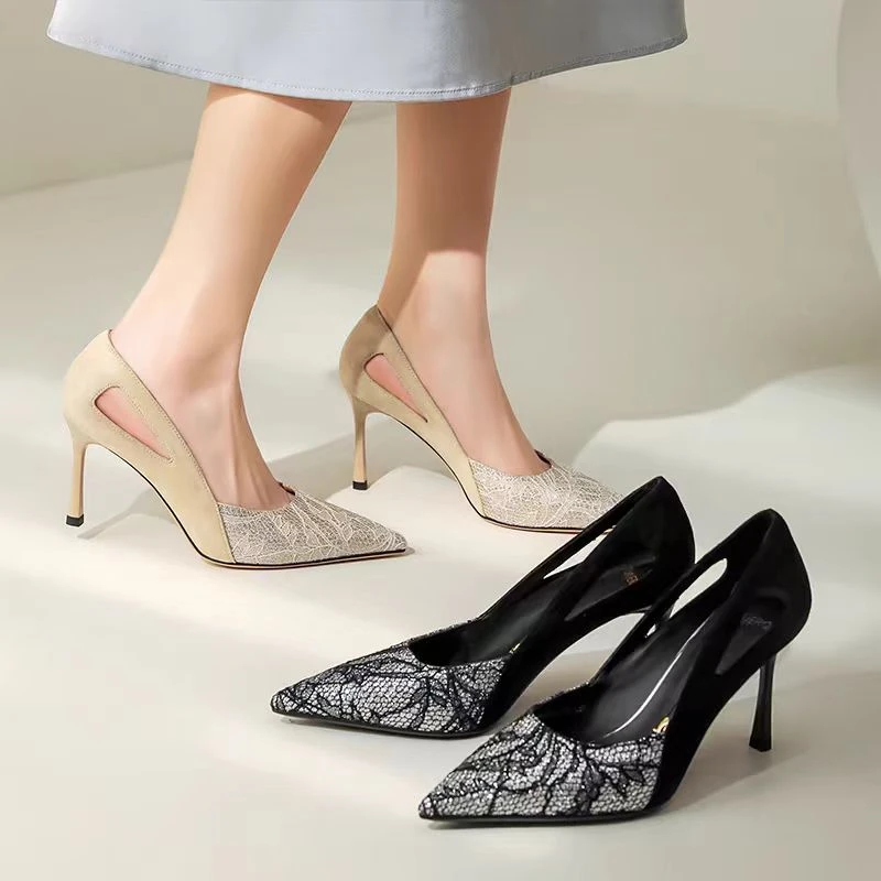 专柜正品912713一代佳人新款尖头蕾丝高跟鞋百搭细跟性感百搭鞋