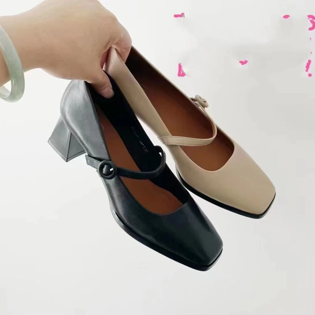 朱朱家23春季新款61956五公分粗跟高端羊皮简约大气温婉优雅女鞋