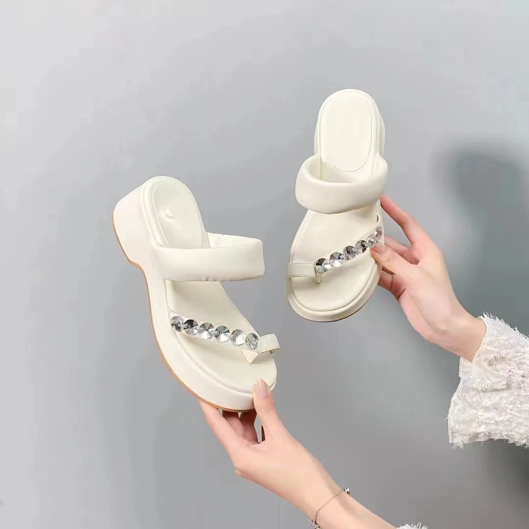 专柜正品887757水钻厚底拖鞋外穿套脚凉拖鞋时尚增高软底一字拖