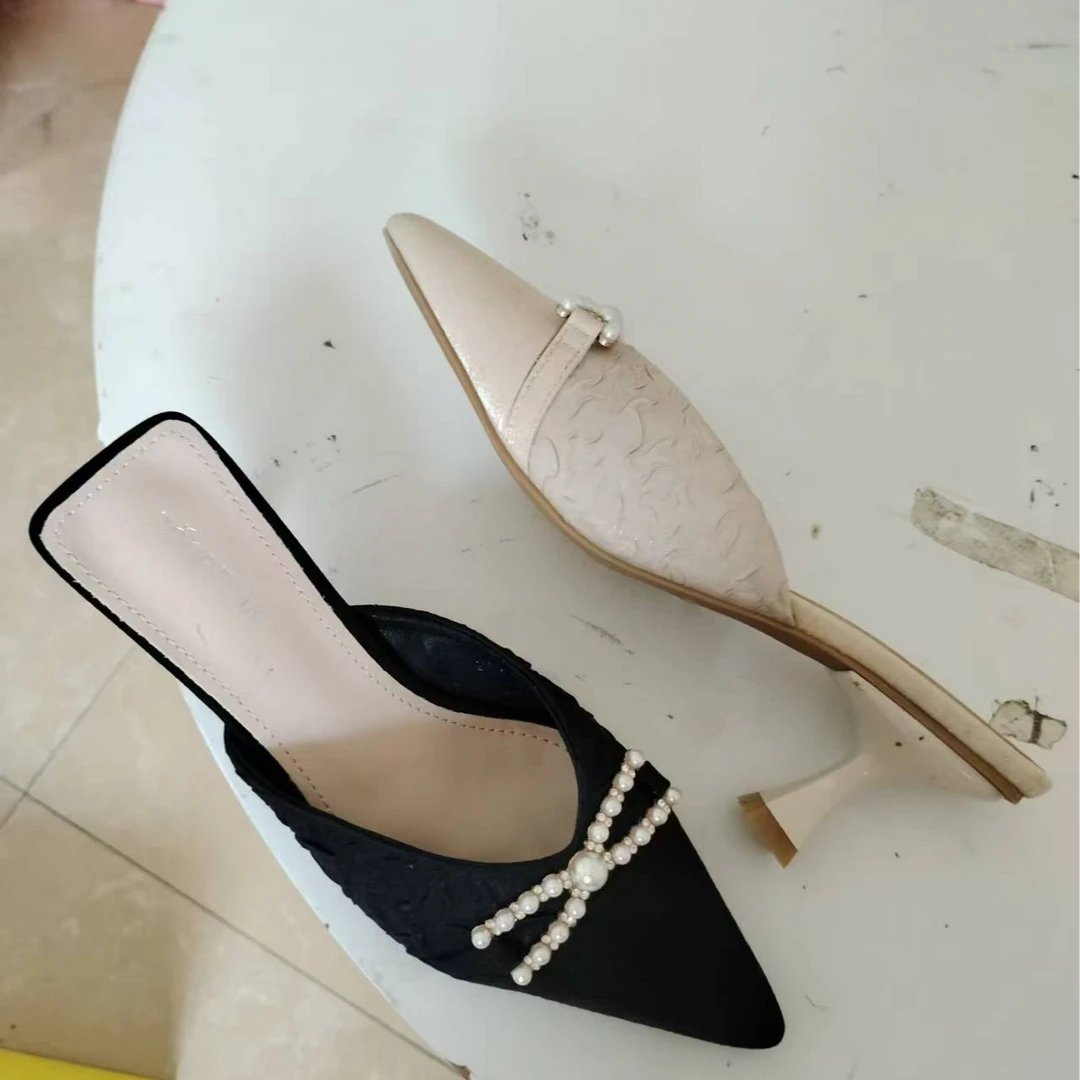 专柜正品2T1183珍珠半拖鞋外穿包头蝴蝶结尖头穆勒小猫跟凉拖鞋