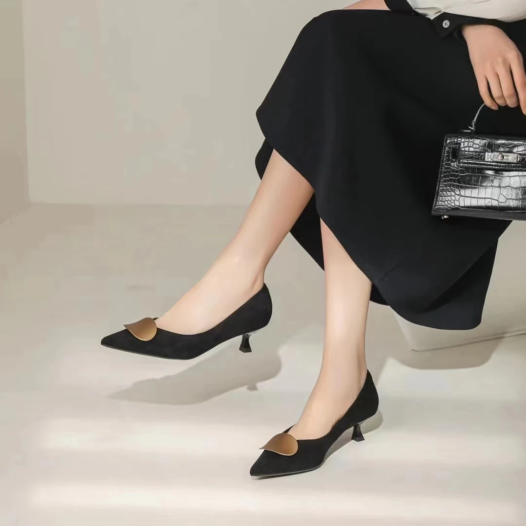 专柜正品912701一代佳人尖头高跟鞋细跟通勤职业黑色舒适中跟单鞋