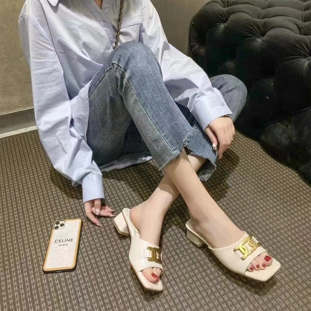 专柜正品88365拖鞋女夏季外穿时装法式仙女配裙子一字高跟女鞋