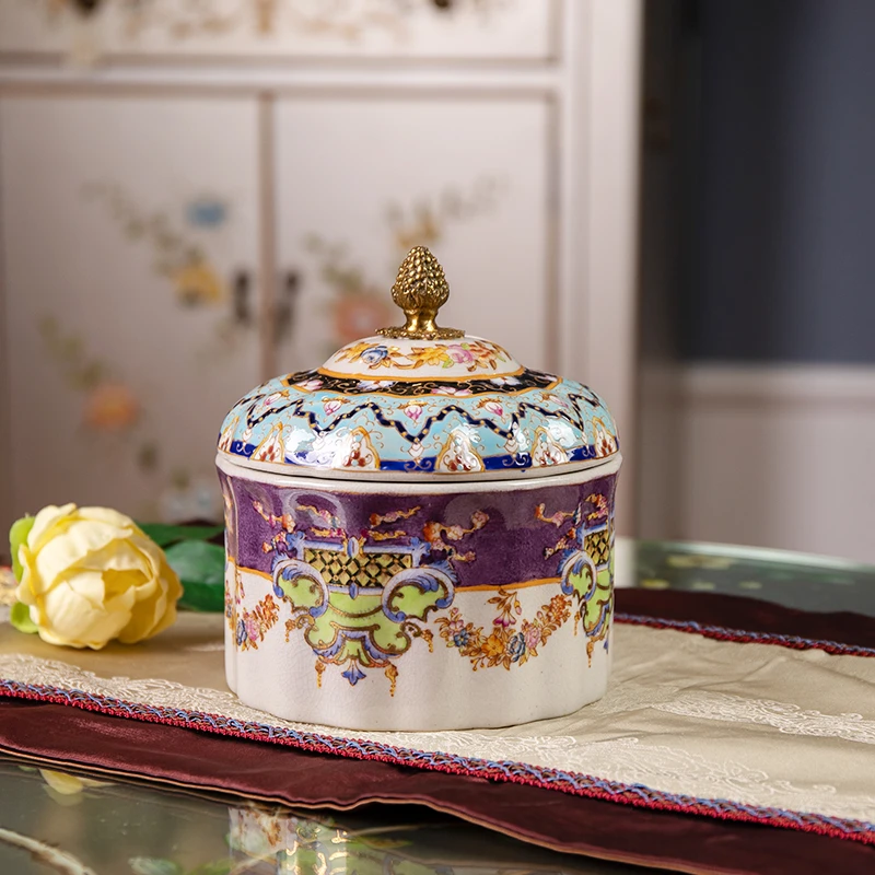 【華禧堂】复古糖果罐储物罐/陶瓷带盖收纳罐/手工65纯黄铜装饰摆件