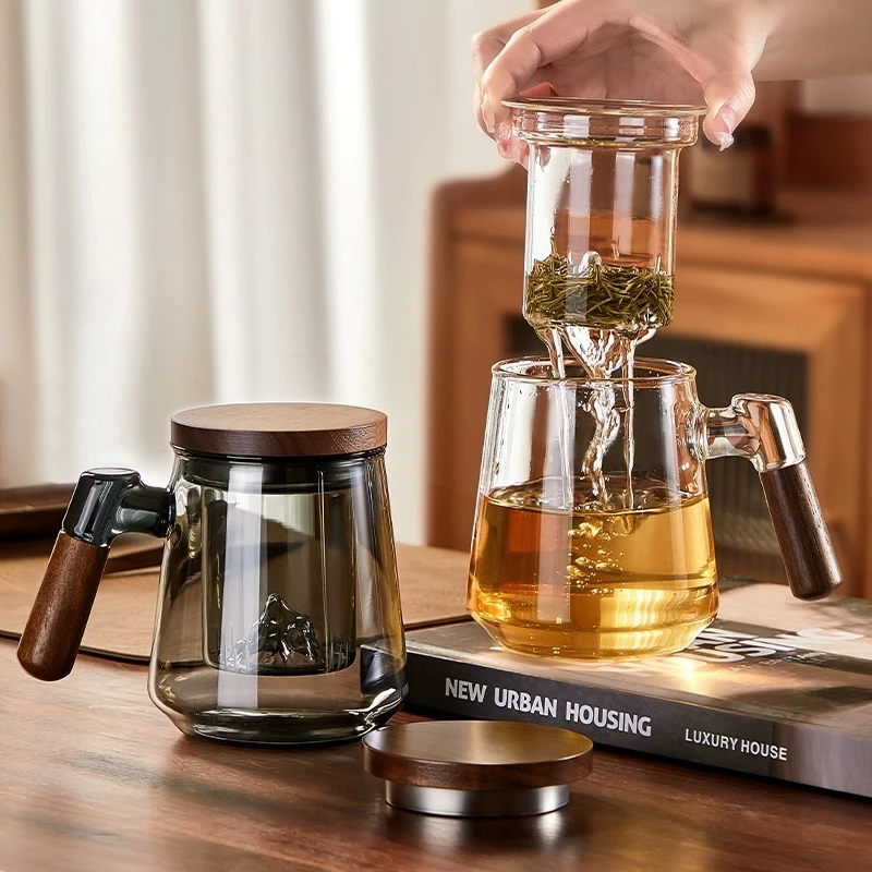 胡桃木高档个人泡茶杯有手把带茶叶过滤内胆男女士办公室玻璃水杯