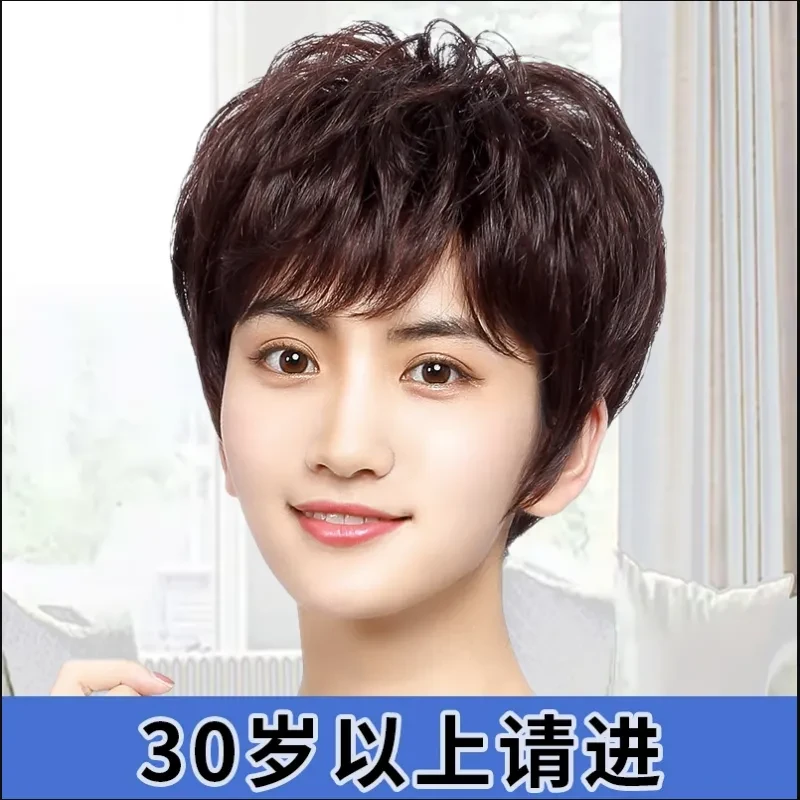 四季全真发中老年发套透气短发妈妈真发全头套式自然定型高档真发