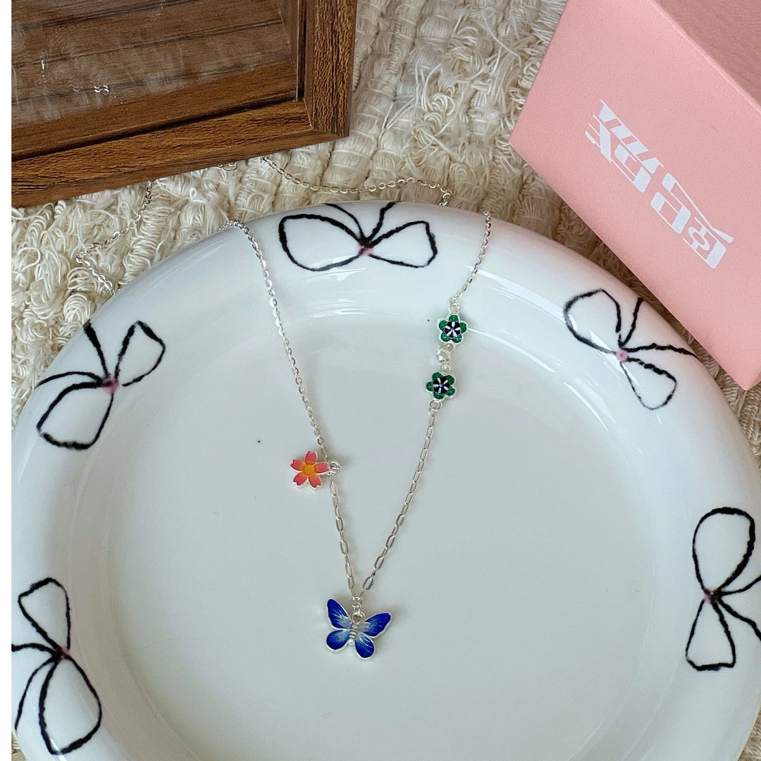 坠链均925银珐琅 古法复古蓝蝴蝶渐变项链百搭彩色配饰小众锁骨链