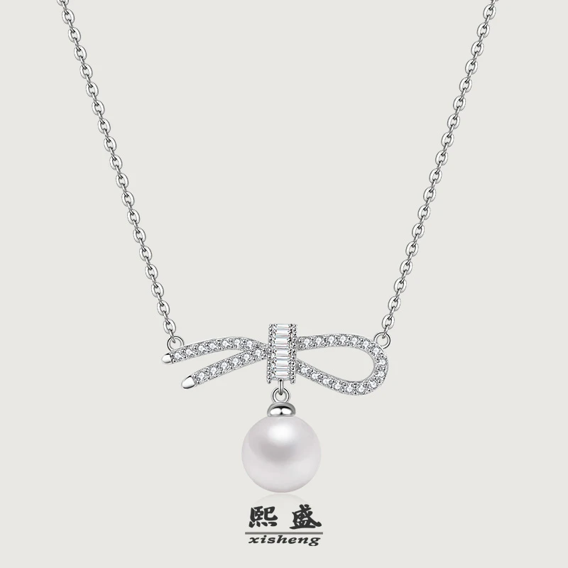 坠链均925银仿珍珠 小白珠灵动蝴蝶结项链轻奢甜美法式锁骨链XL