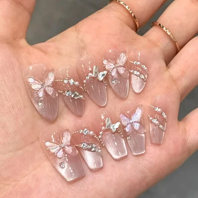 镜月蝶  爆款显白光疗猫眼蝴蝶美甲贴纯手工穿戴甲片成品短款甲片