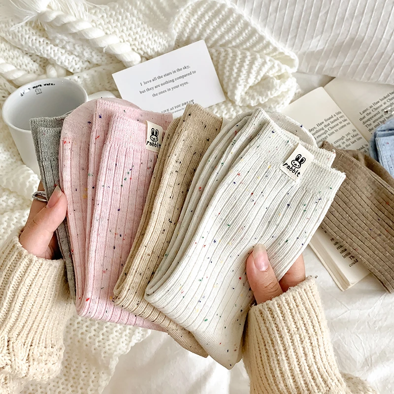 兔子布标袜子女中筒袜春秋季ins潮长筒韩国运动点子纱秋冬堆堆袜