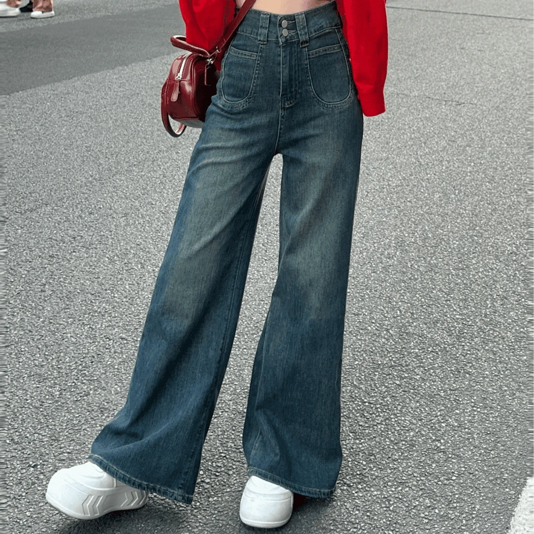 小个子高腰宽松微喇裤女秋冬新款显瘦直筒牛仔长裤不贴腿设计2025