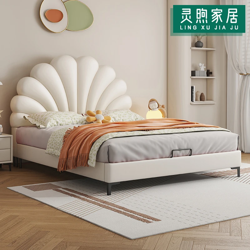 简约现代儿童床花瓣床奶油风纳帕皮公主床1.5米家用储物床主卧