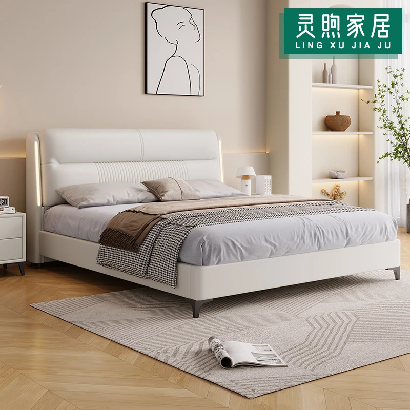 意式皮床现代轻奢主卧大床ins奶油风功能储物皮艺床软包床婚床