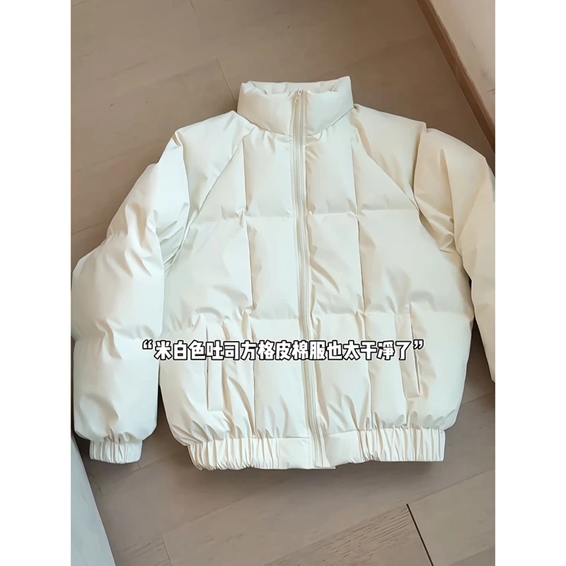 米白色吐司方格棉棉服男冬季短款廓形pu皮衣外套情侣美式面包服