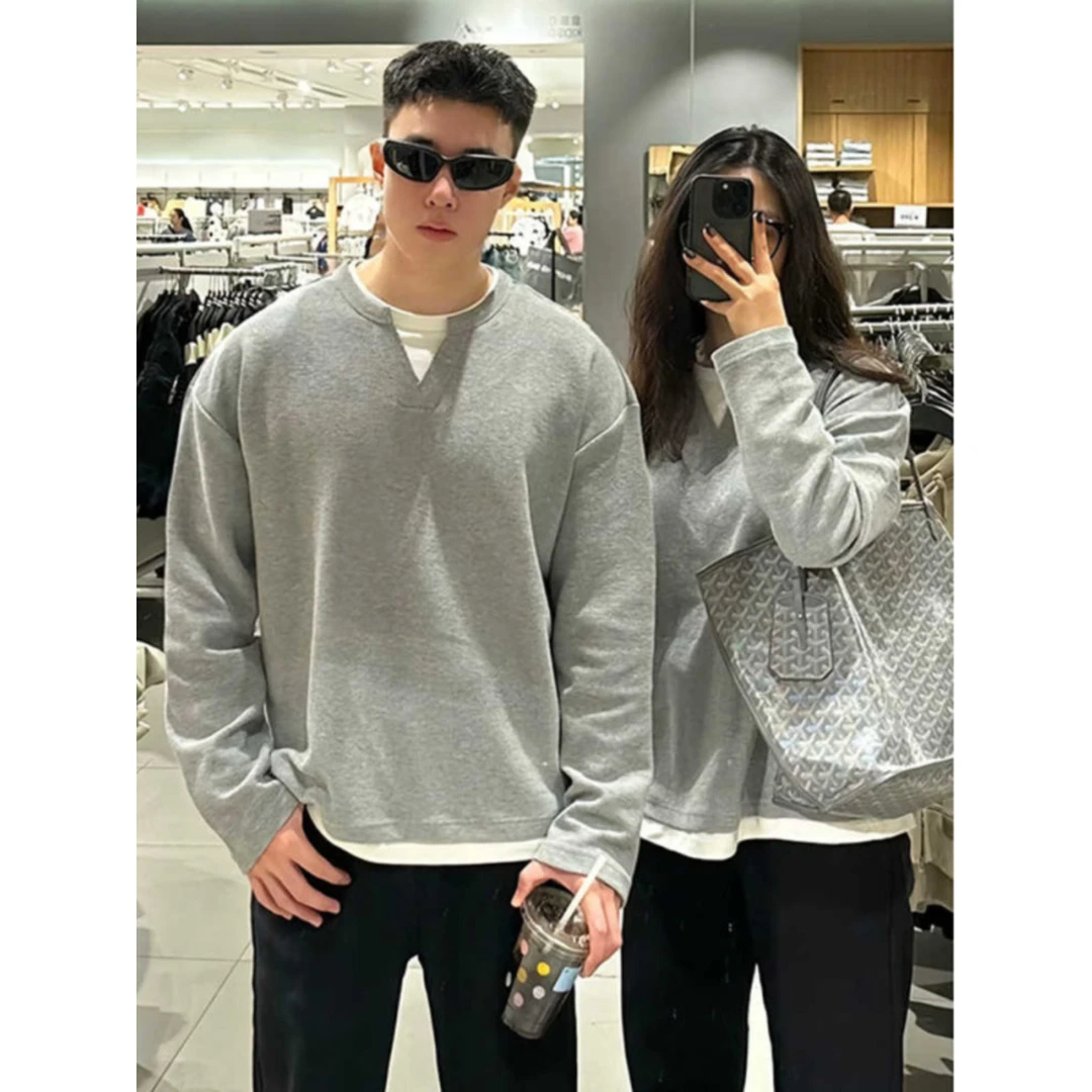 【早秋风】秋季新款假两件肌理感t恤男华夫格卫衣韩版内搭打底衫