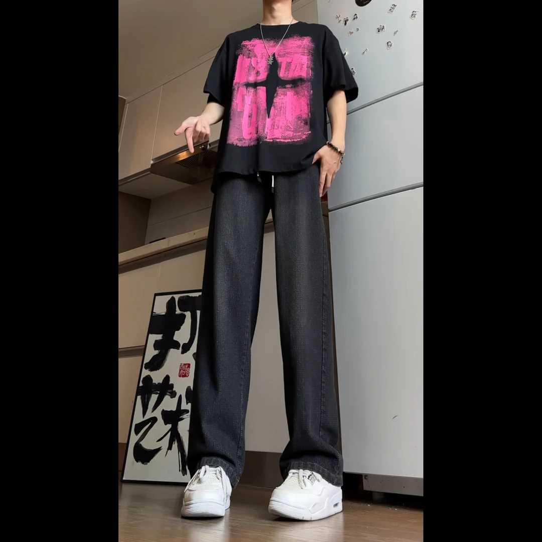 ['小个子裤子’]  星空纹直筒牛仔裤美式高街宽松显瘦直筒休闲长裤