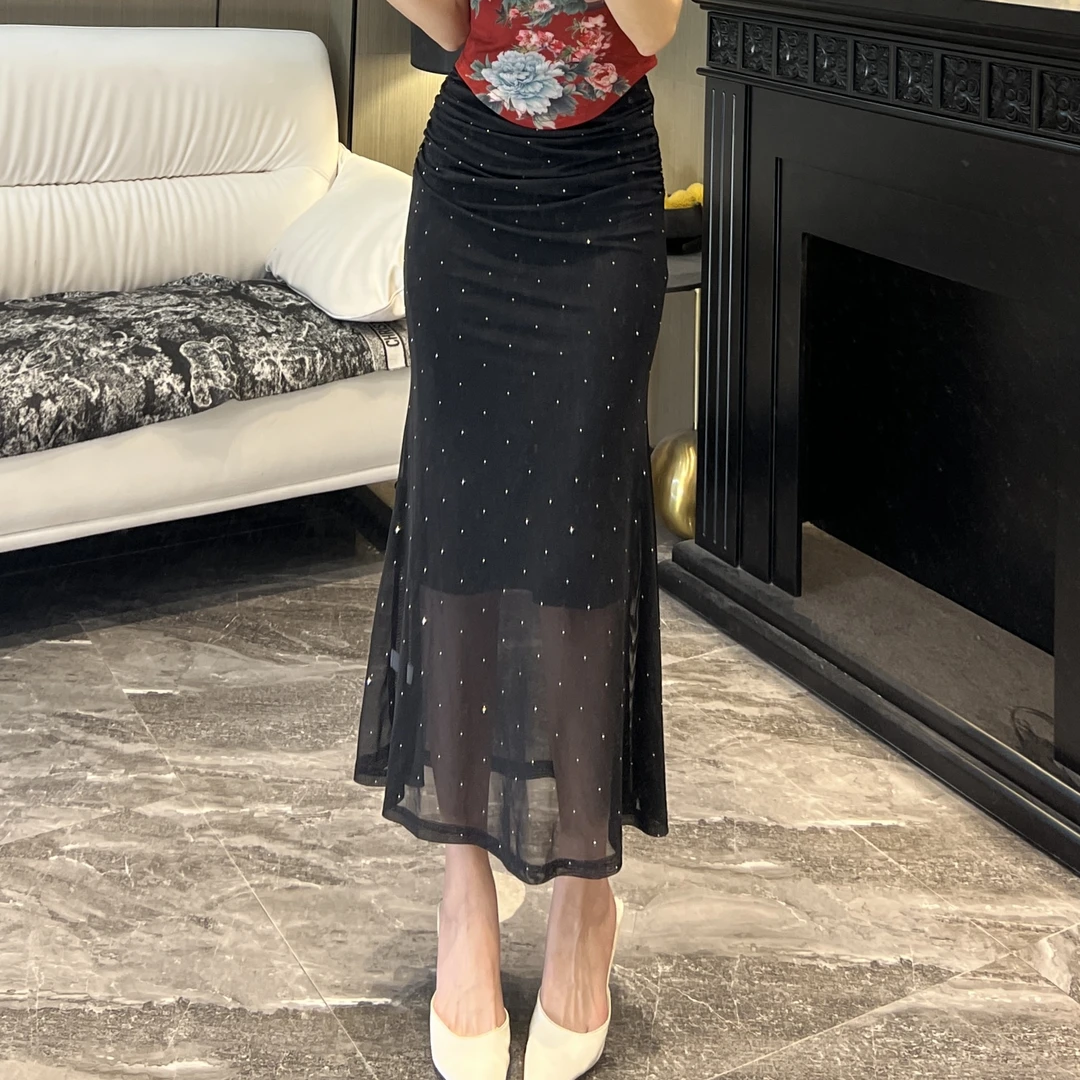 轻奢气质女人味烫钻黑包身修身显瘦时尚百搭鱼尾包臀半身裙
