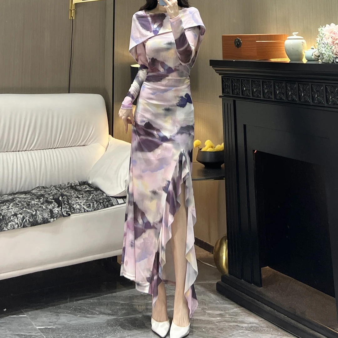 轻奢气质女人味连帽一字领长袖青砖黛紫显瘦修身百搭开叉连衣裙